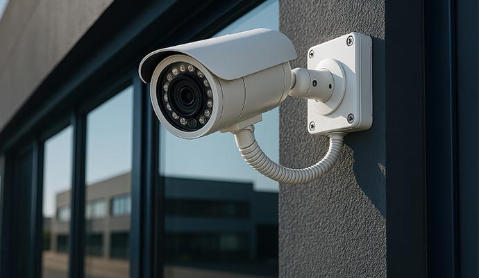 White bullet security camera mounted on grey exterior wall beside glass facade
