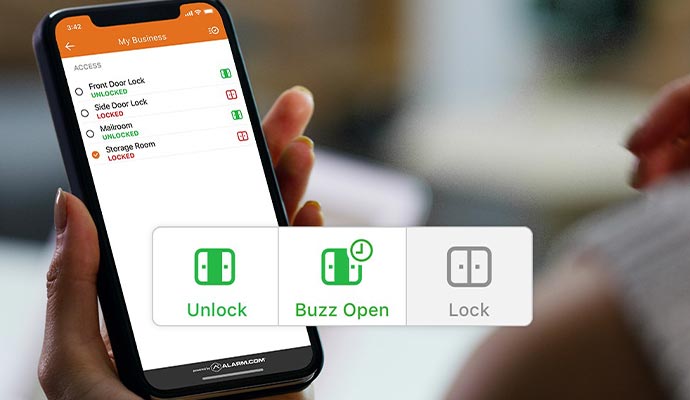 Person controlling door lock on mobile
