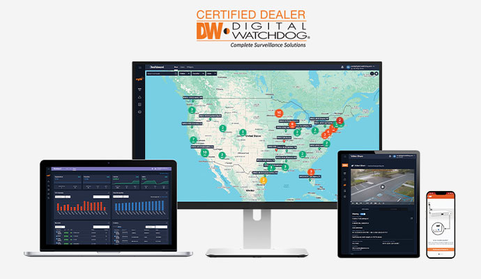 Promotional setup with multiple devices running Digital Watchdog MyDW