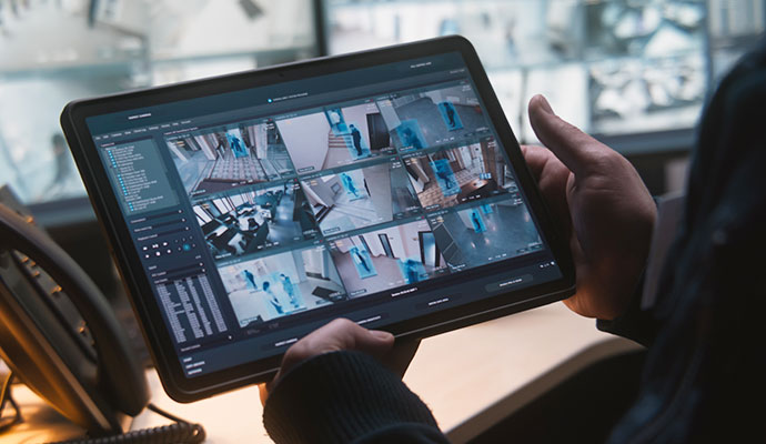 A person holding a tablet displaying multiple live security camera feeds with motion detection overlays in a monitoring center