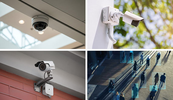 A collage featuring various surveillance cameras including dome and bullet styles and a top-down view of people tracked by security software