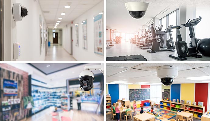 Collage of security cameras in a hallway, gym, retail space, and classroom