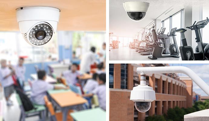 Collage of security cameras installed in a classroom, fitness facility and outside a government building