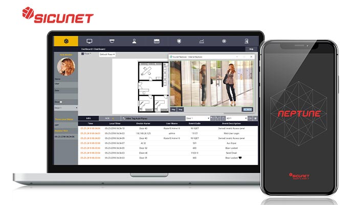 Sicunet Neptune access control on laptop and phone