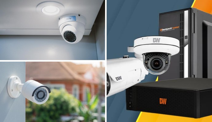Collage of indoor, outdoor, and NVR surveillance systems