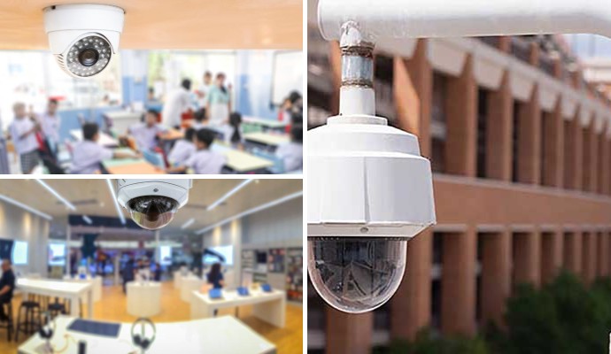Different types of surveillance cameras installed in commercial spaces