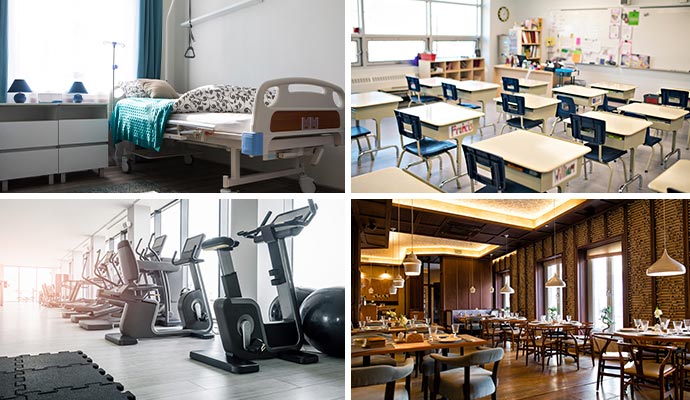A four-panel image showing a hospital room, a classroom, a gym with exercise equipment, and a restaurant dining area.