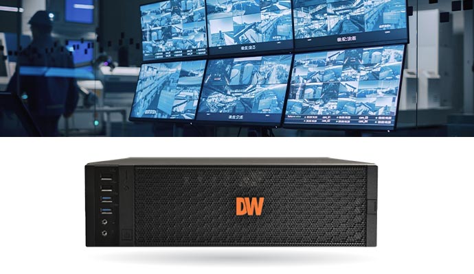 DW NVR unit below multi-screen surveillance display