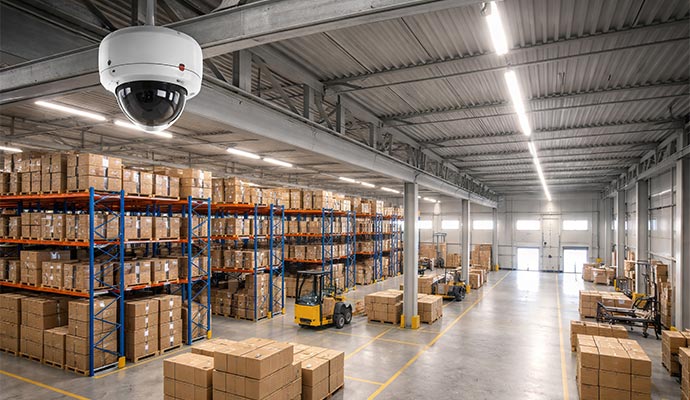 Warehouse interior with blue pallet racks, forklift, and ceiling-mounted security camera