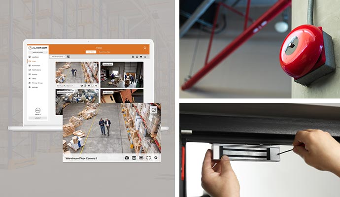 Collage of warehouse video monitoring, fire alarm bell, and magnetic lock installation
