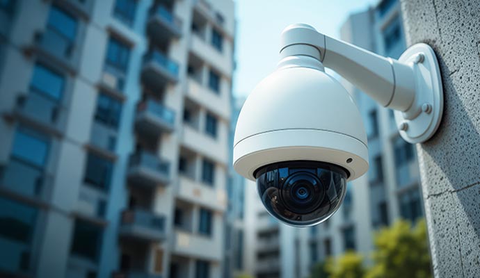 White dome security camera mounted on exterior wall with apartment buildings in background